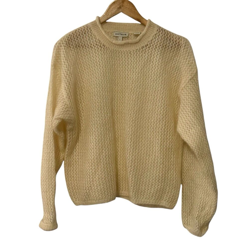 Vintage Ann Taylor Mohair Sweater Cream Open Knit Hong Kong Sz Large 80s 90s